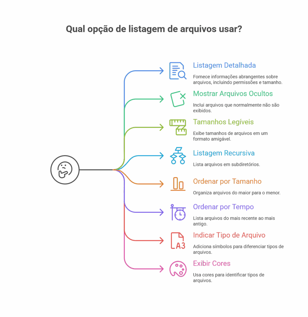Opções do comando ls para exibir arquivos