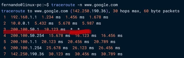traceroute -n www.google.com
perda de pacotes
