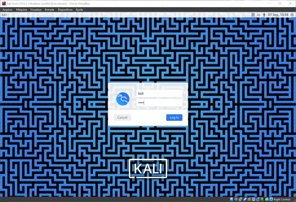 tela de login do kali linux