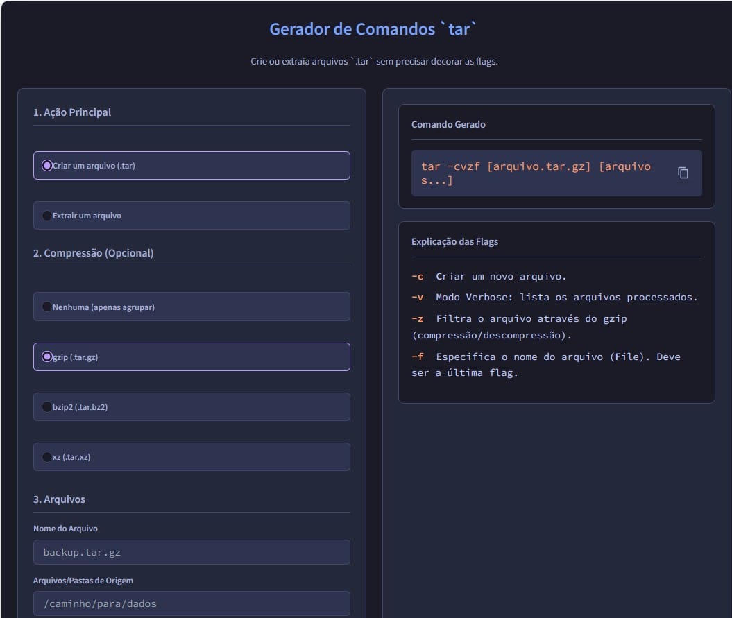 Gerador Visual de Comandos tar